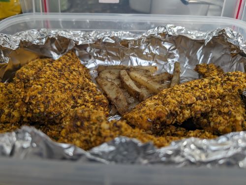 Brown Sugar Bourbon Chicken Strips and Garlic Butter Fries – Almond and Flaxseed Crusted